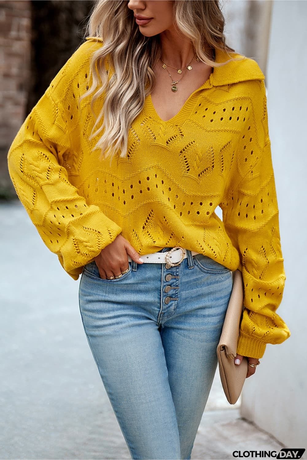 Openwork Long Sleeve Notched Neck Sweater