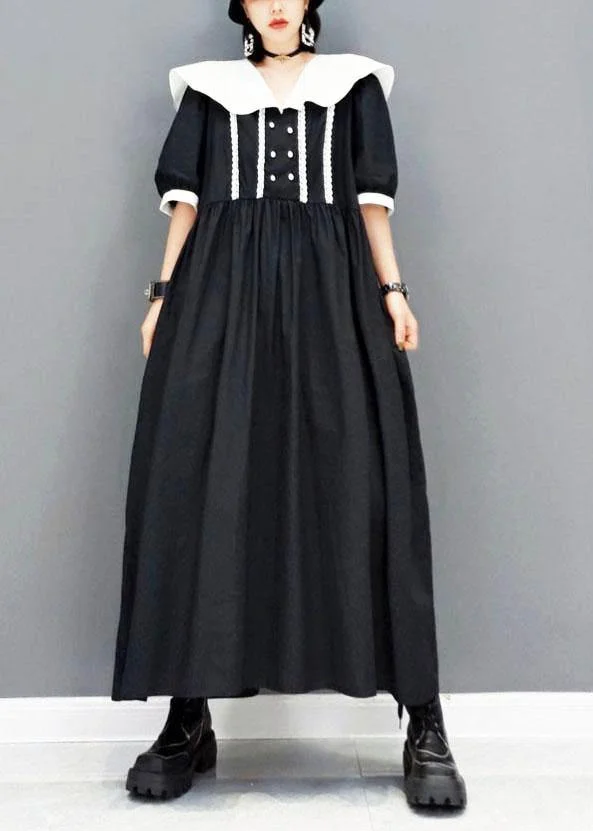 diy Black Peter Pan CollarButtonPatchwork Half Sleeve Robe Dresses Fall