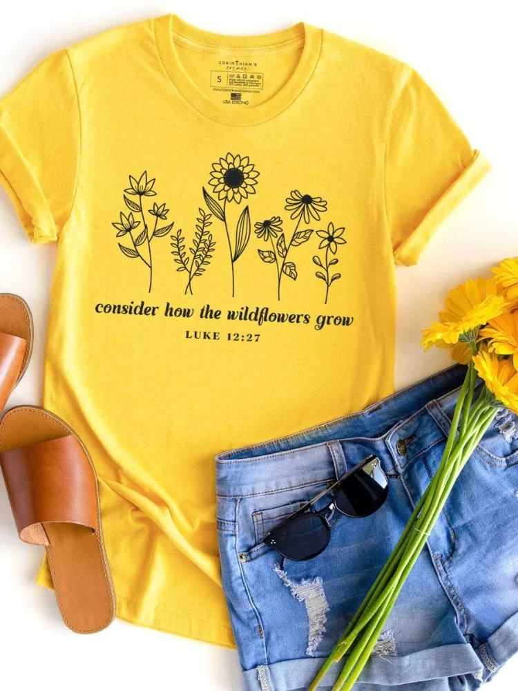 Vefave Consider How The Wildflowers Grow Print Casual Crew Neck T Shirt