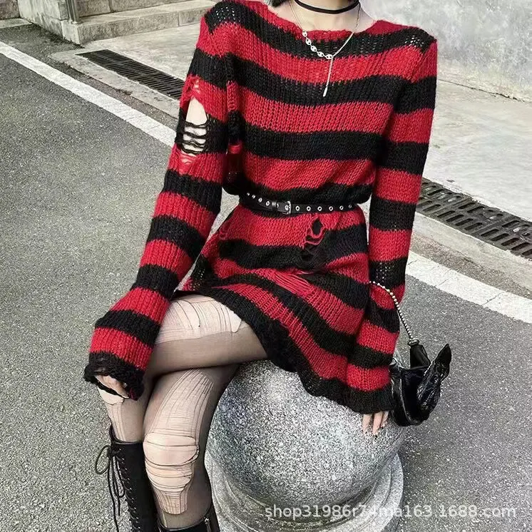 Churchf Churchf Hole Hollow Out In The Long Sweater Female Stripe Loose Color Dark Versatile Knit Niche Punk