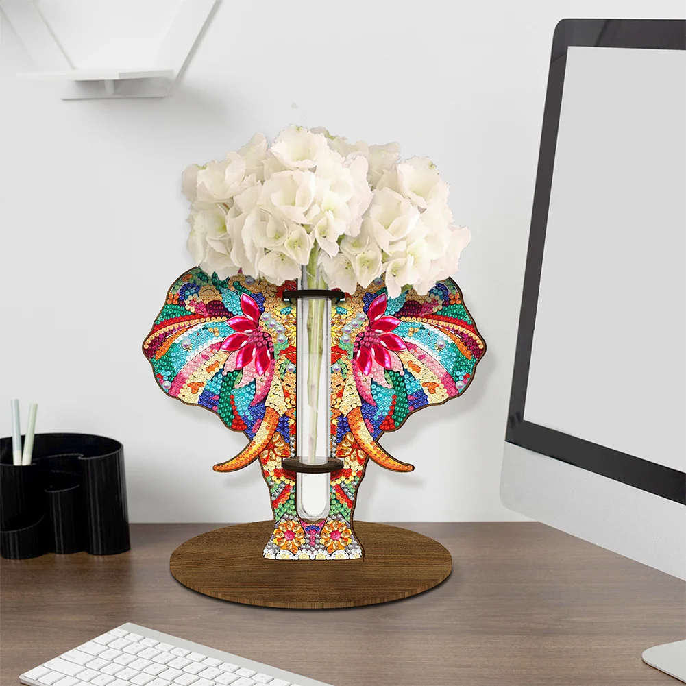 DIY Wooden Elephant Diamond Painting Flower Vase Ornaments for Home Office Decor