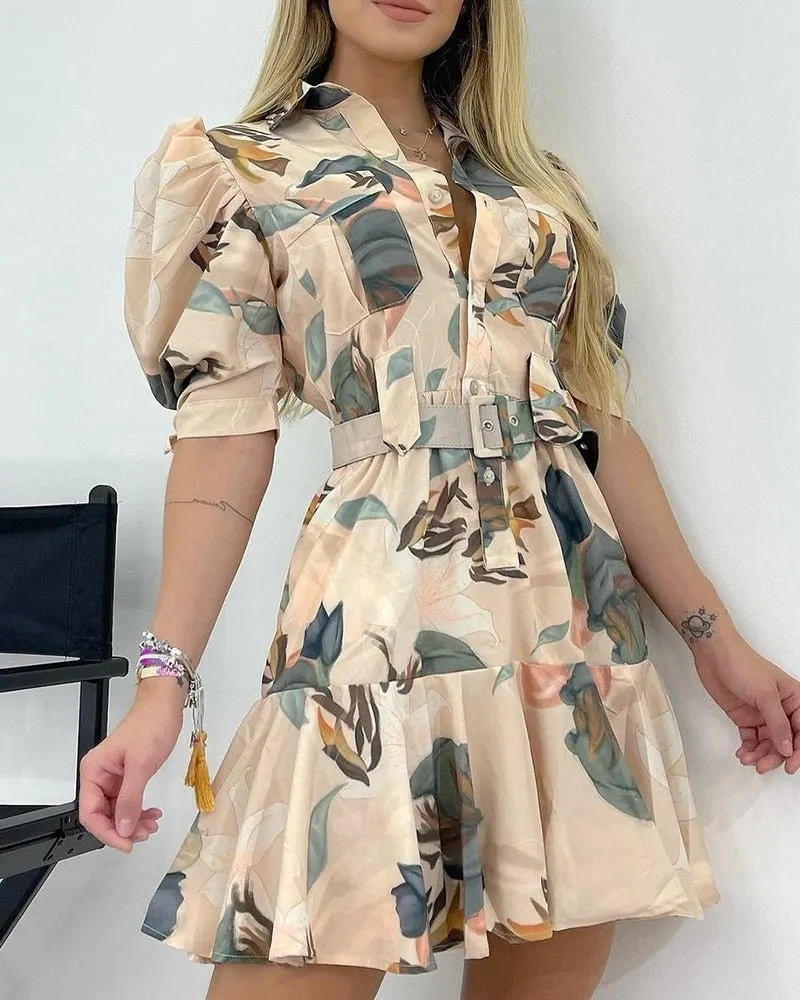 Women's printed dress 2021 summer new ladies temperament high waist mid-length bubble short-sleeved dress