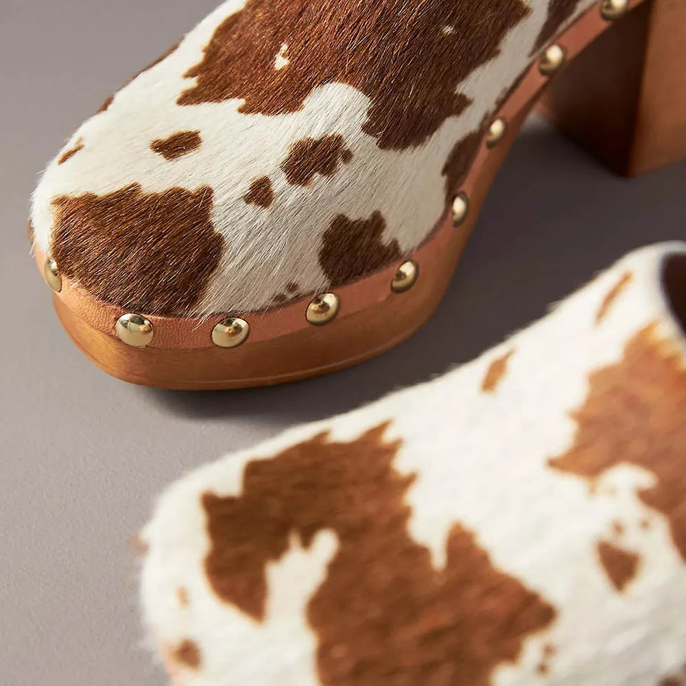 White & Brown Faux Fur Studded Platform Round Toe Heeled Clogs