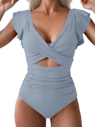 Ruffle Cutout Tummy Control V Neck Wrap One Piece Swimsuit 