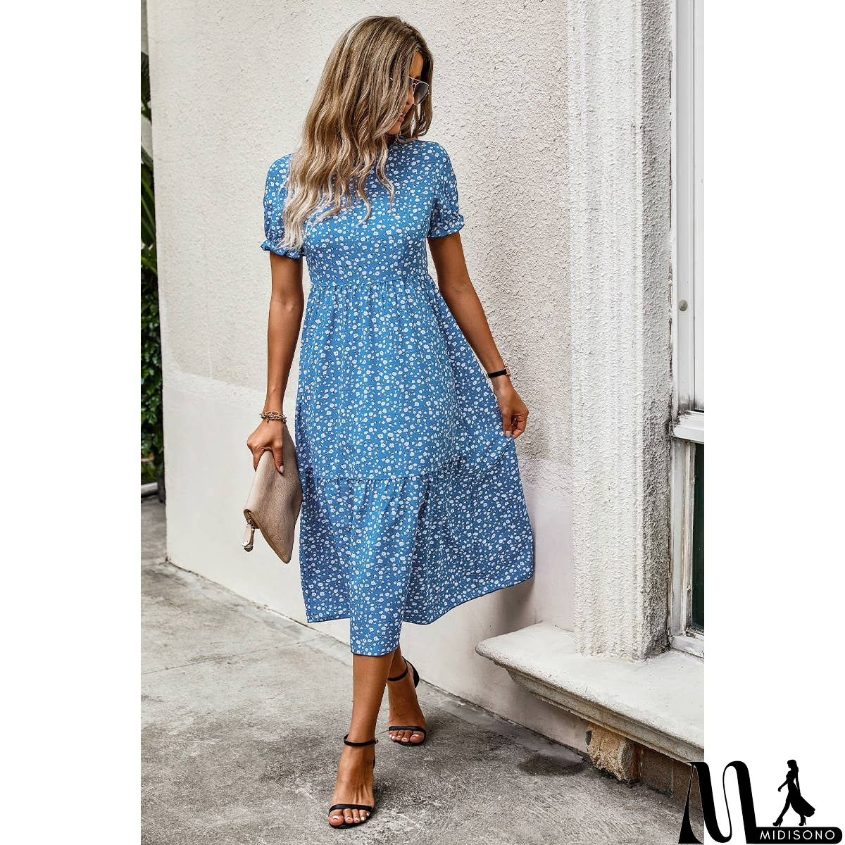 MidiSono - Floral Print Round Neck Color Block High Waist Fit Dress