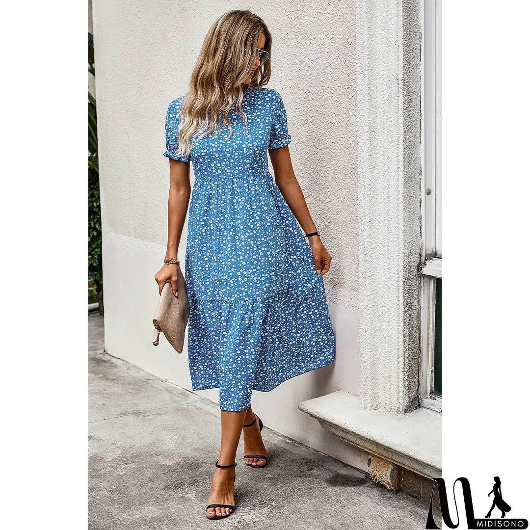 MidiSono - Floral Print Round Neck Color Block High Waist Fit Dress