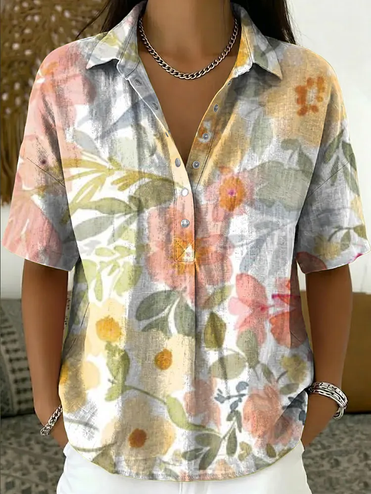 Floral Art Pattern Casual Cotton-linen Shirt