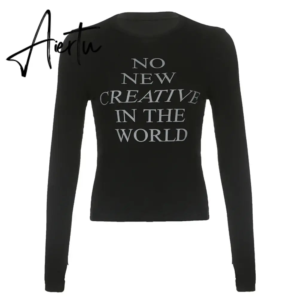Aiertu Letter Print Long Sleeve Tee Shirts Femme Casual Y2k All Match O Neck T-shirt Vintage Streetwear Harajuku Women Tshirts Korean Aiertu