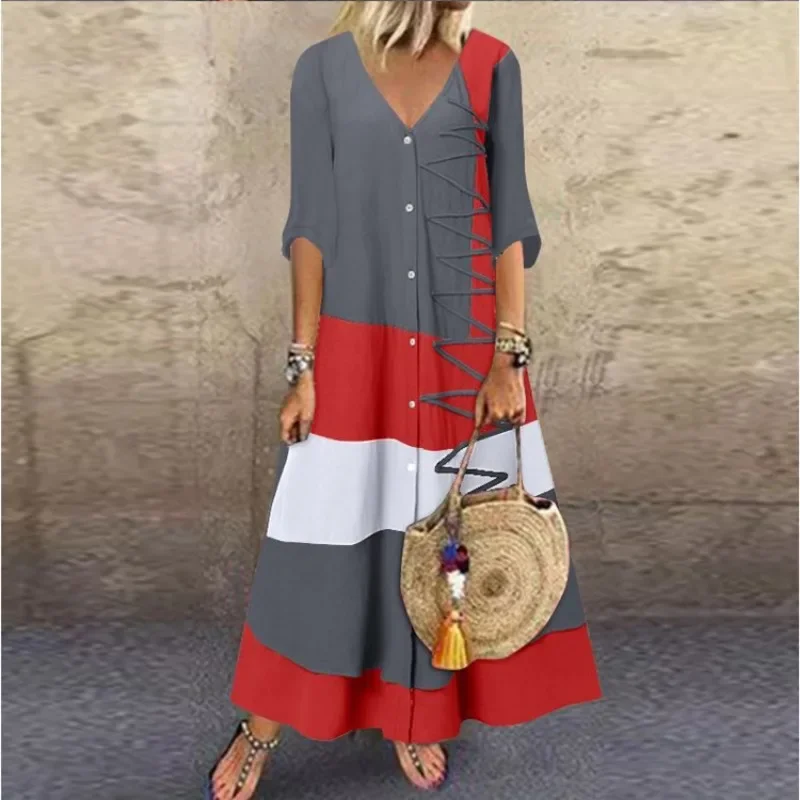 Summer Women's Color Block Patchwork Printed Dress Button Women's Casual Loose Long Dress V-neck Short Sleeved Dress
