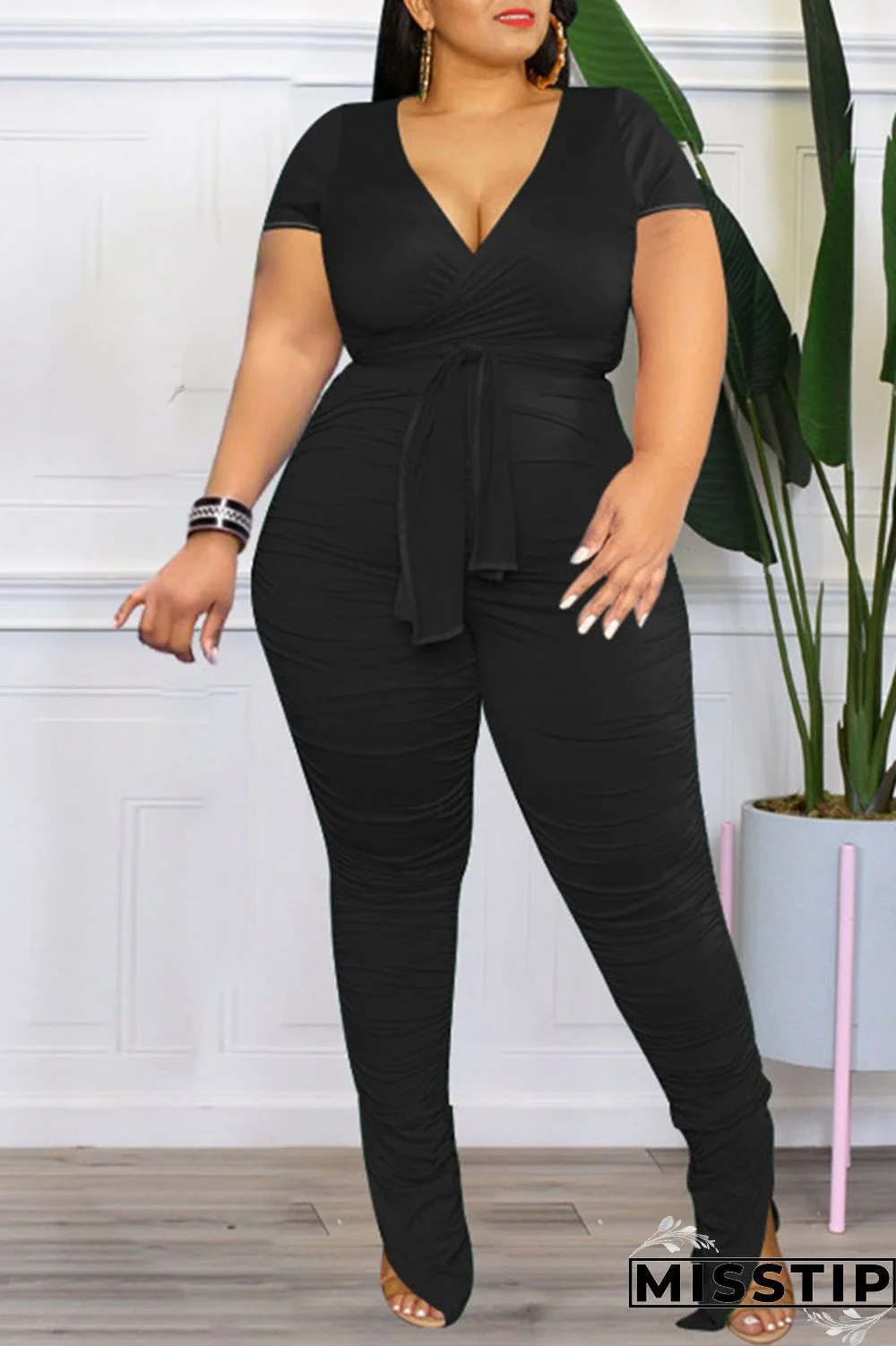 Colorful Blue Casual Solid Bandage Patchwork Fold V Neck Plus Size Two Pieces