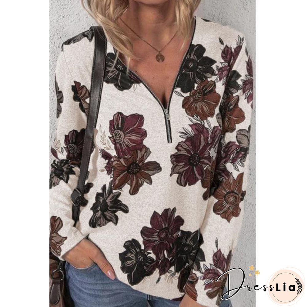 Zipper Flower Printed Long Sleeve Shirt