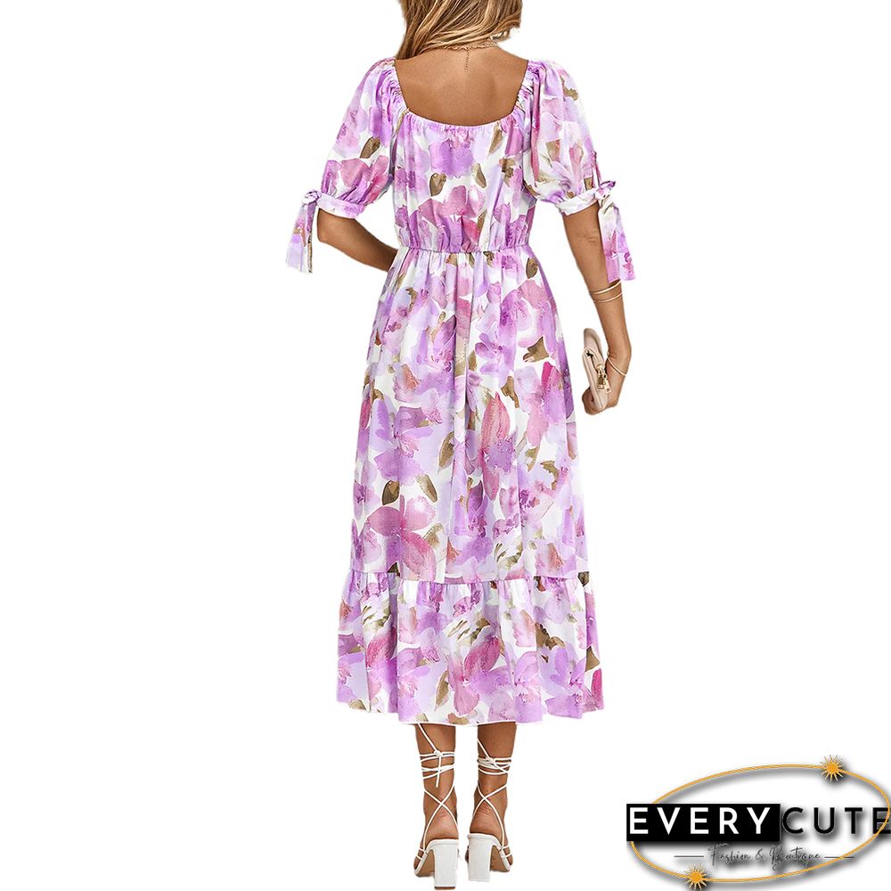 Purple Pink Floral Print Puff Sleeve Long Dress