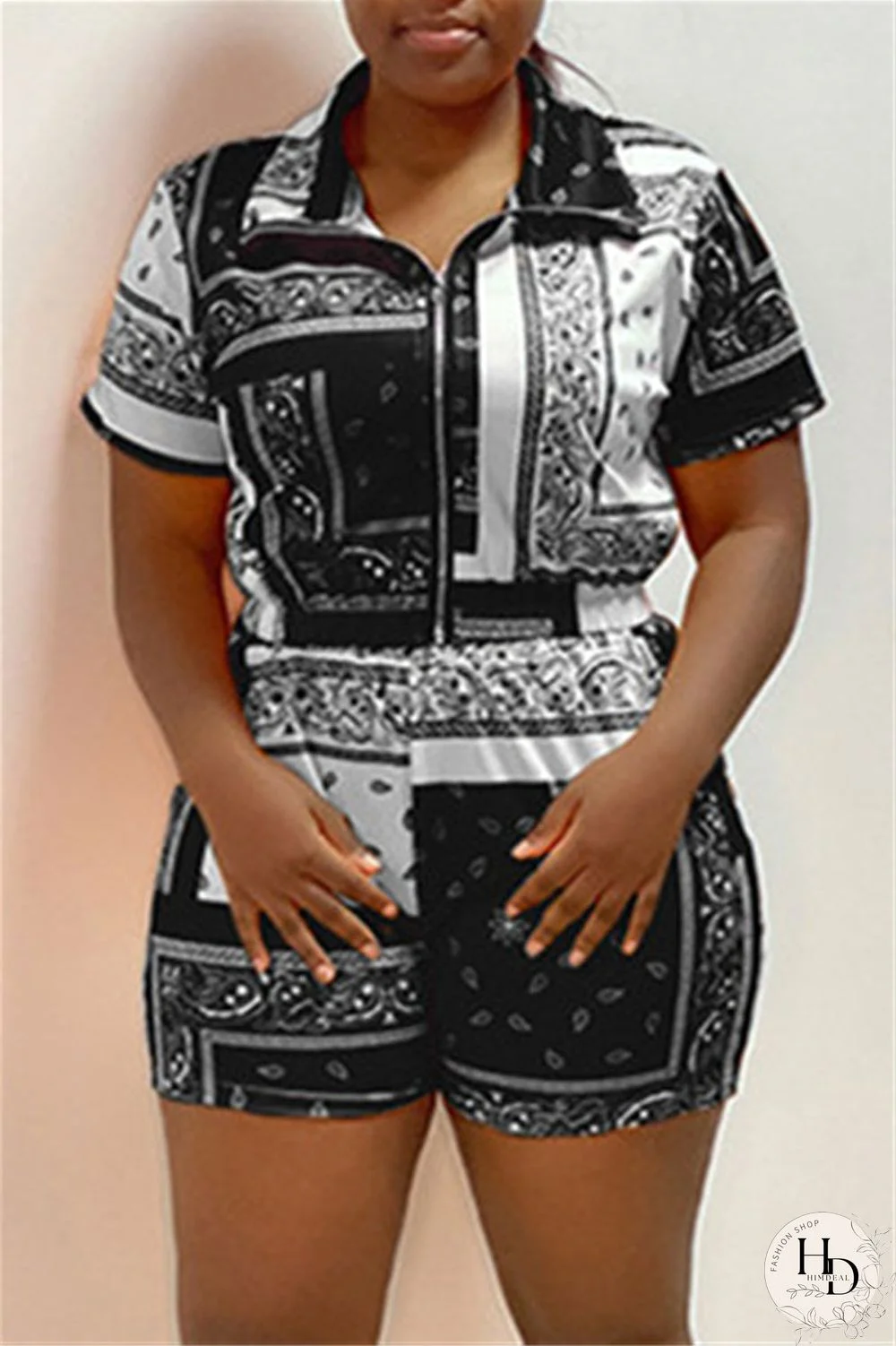 Fashion Casual Print Basic Turndown Collar Short Sleeve Two Pieces