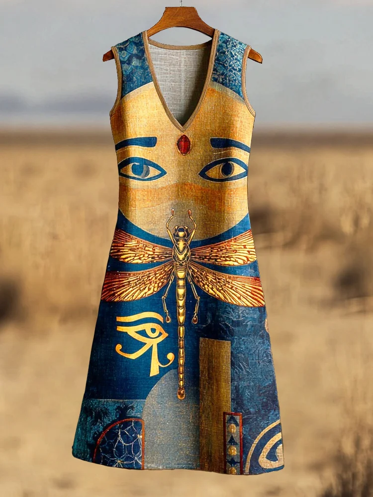 Vintage Egyptian Eye Of Horus Pattern Women's Linen V-neck Vest Midi Dress