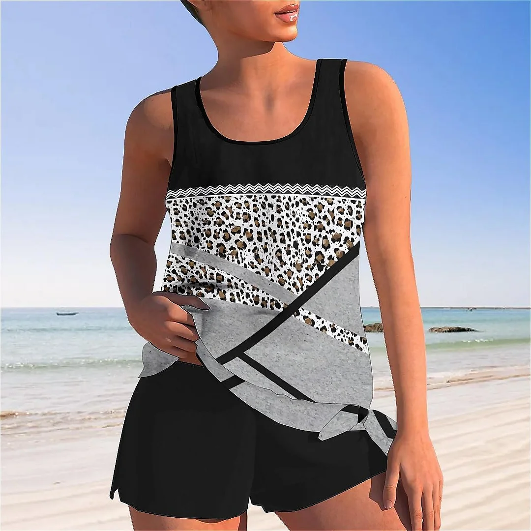 Bowknot Leopard,Black,Graphic Mid Waisted Tankini Set - Plus Size Available