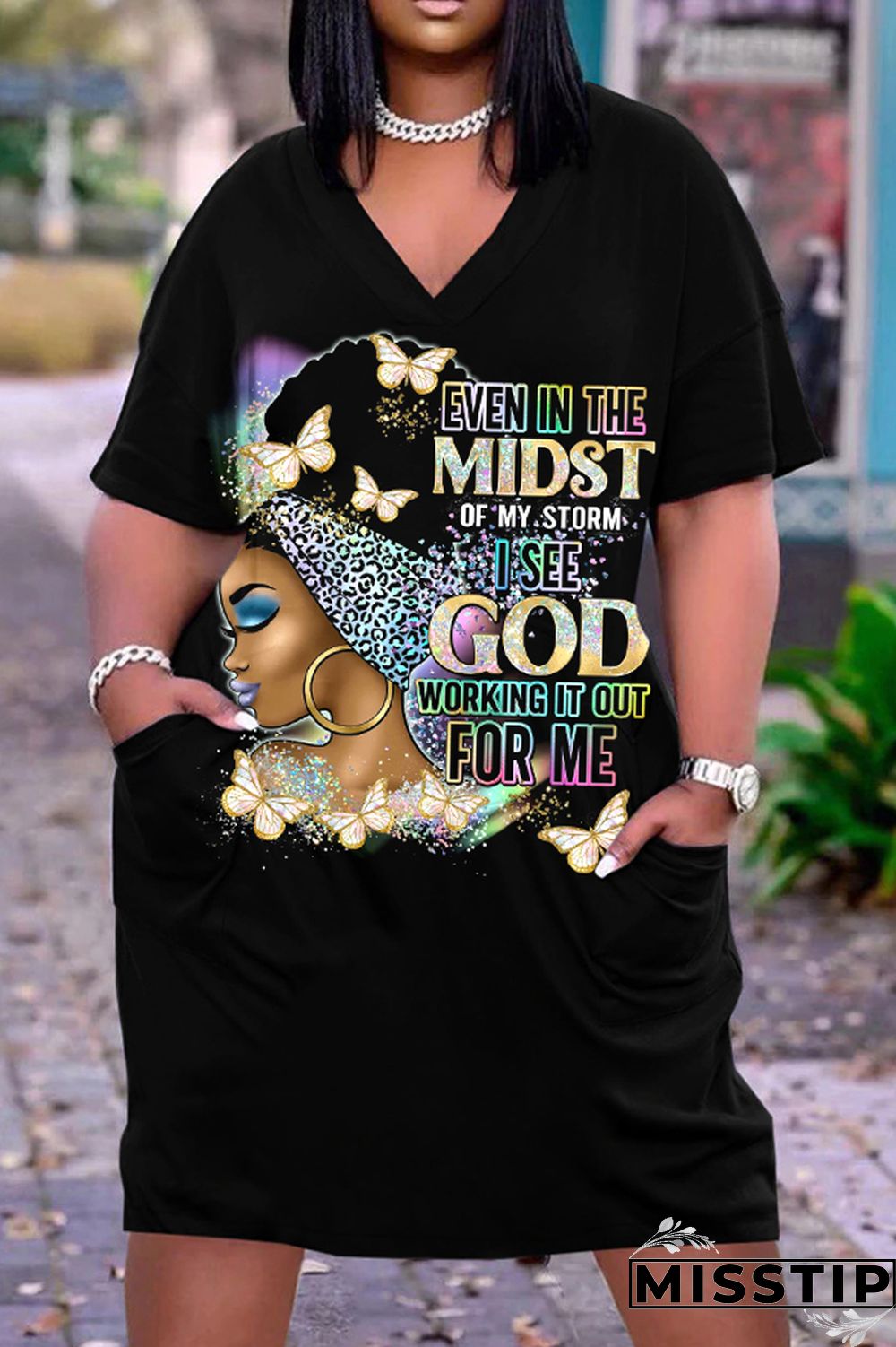 Multi-color Fashion Casual Print Patchwork V Neck Short Sleeve Dress