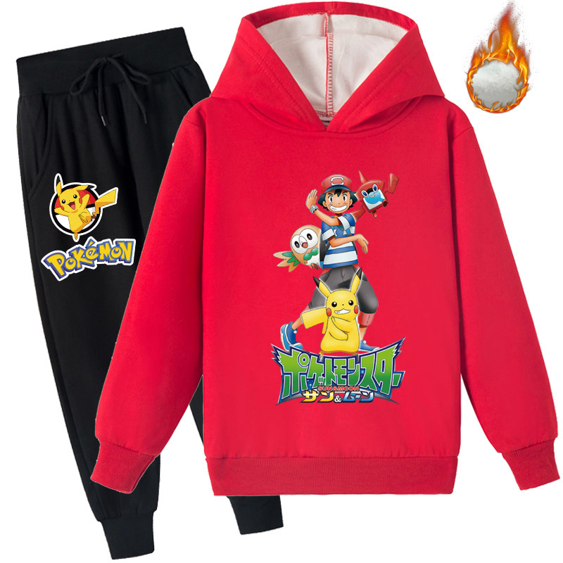Mayoulove Pikachu Kids Plus Fleece Hoodie and Trousers Set - Adorable and Warm Clothing for Pikachu Fans - Perfect for Boys and Girls Aged 2-10.-Mayoulove