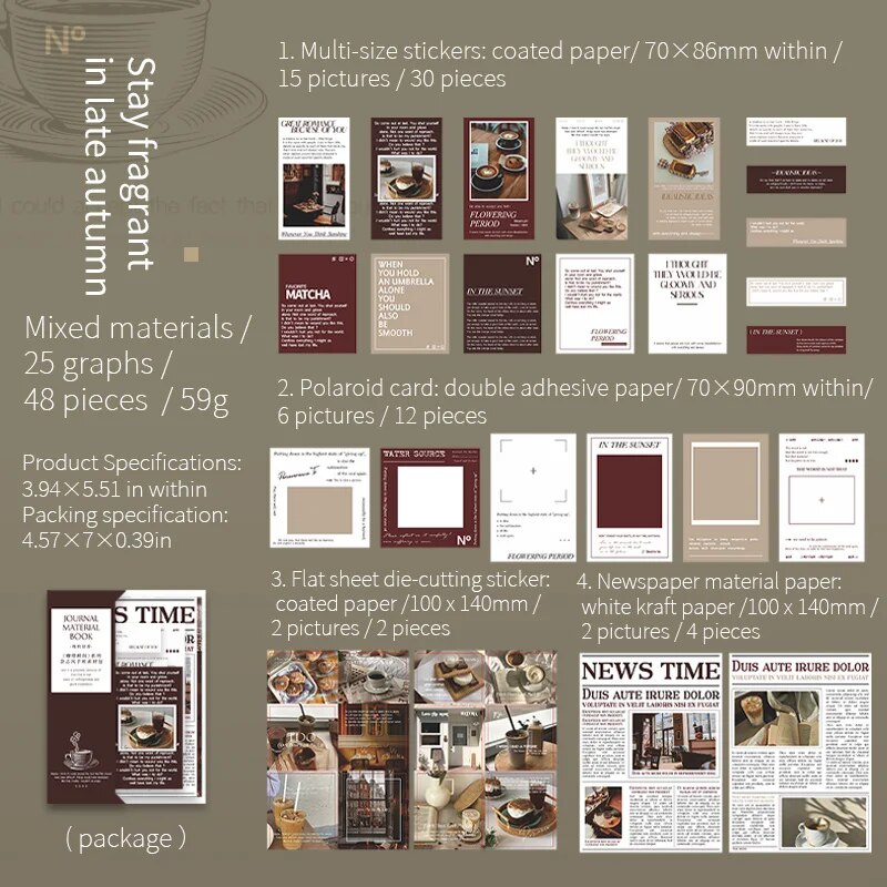 Journalsay 48 Sheets Coffee Moment Series Vintage Magazine Style Material Package