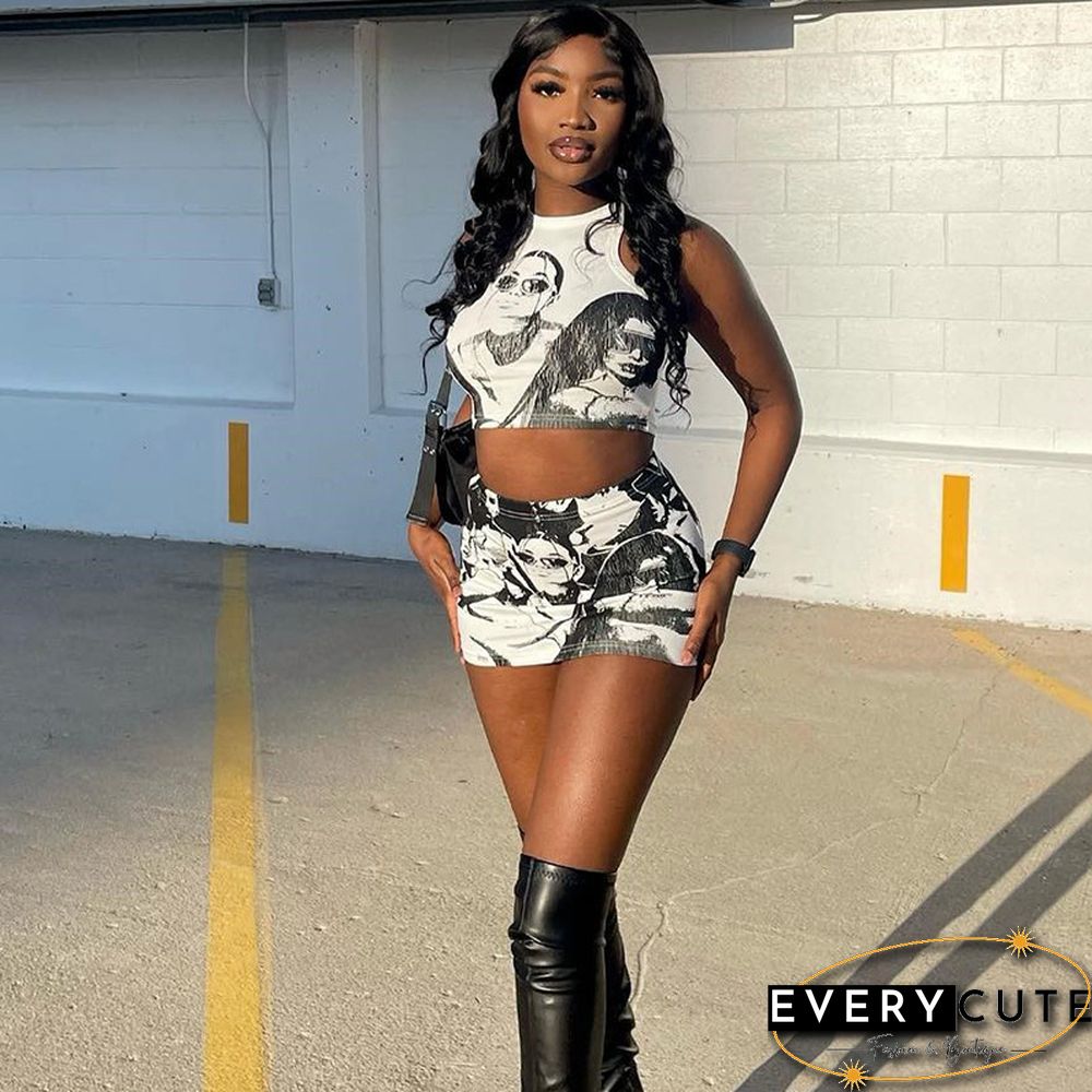 Women Graphic Outfit Y2k Aesthetic Print Crop Top And Mini Skirt Matching Set Punk Gothic Clothes Suit Clothing
