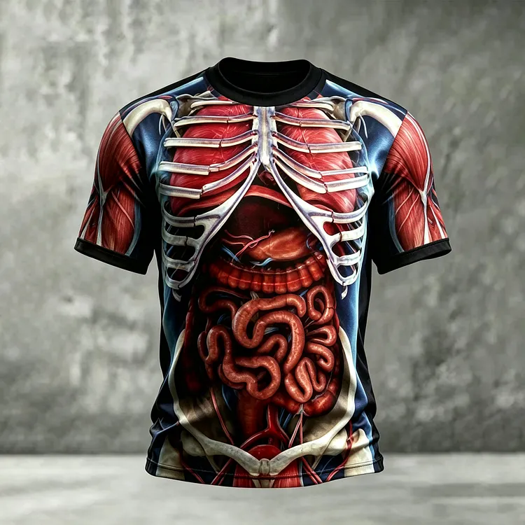 Men's 3d Muscle, Skeleton, And Internal Organs Print Halloween Crew Neck T-shirt