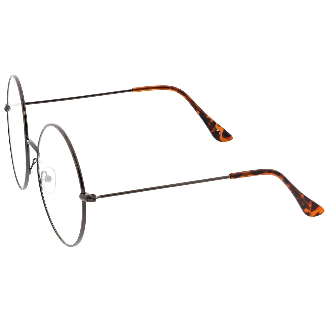 Classic Oversize Slim Metal Frame Clear Flat Lens Round Eyeglasses 56mm