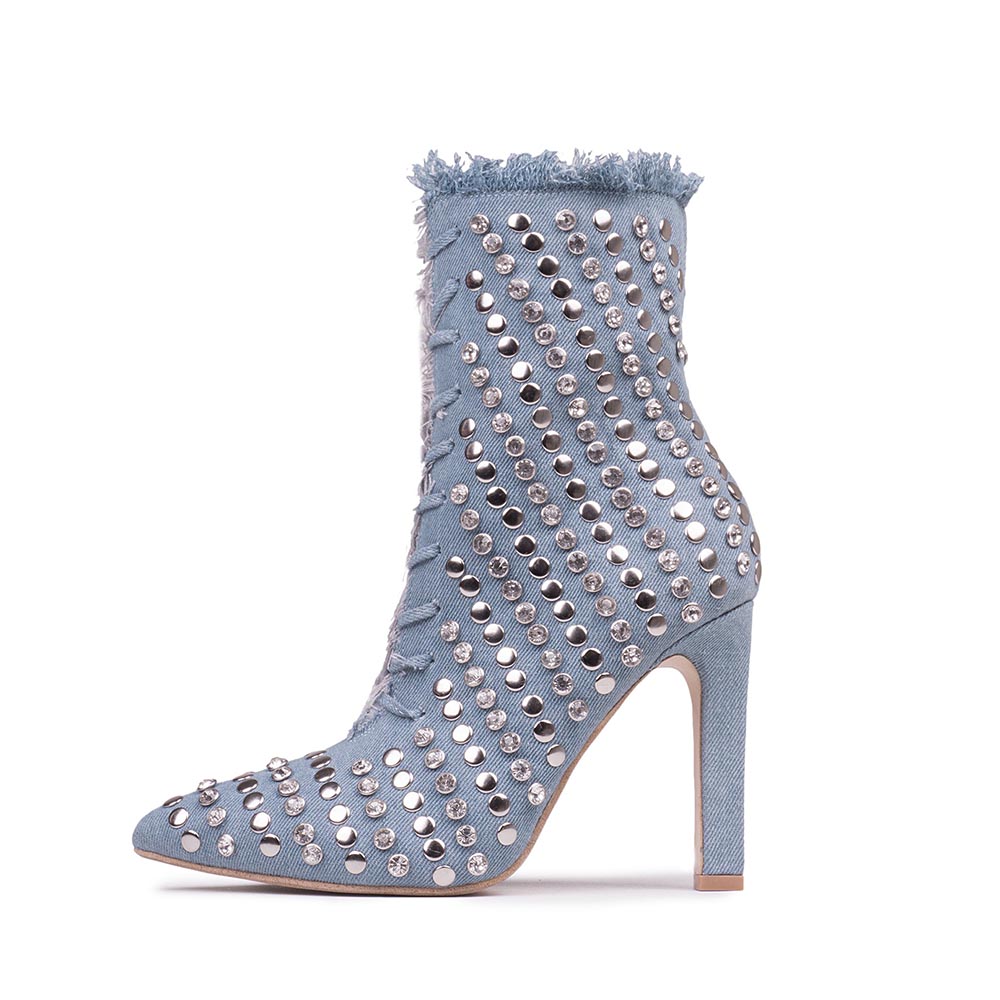 GOOSHOE Blue Studded Pointed Toe Denim Ankle Boots