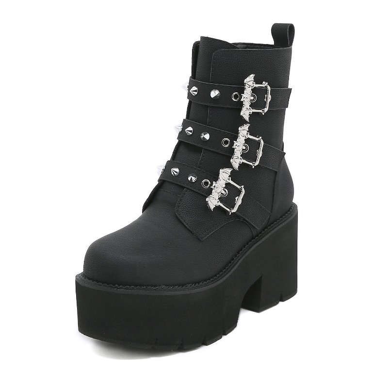 Gothic Girl Platform Rivets Bat Buckle Straps Ankle Boots