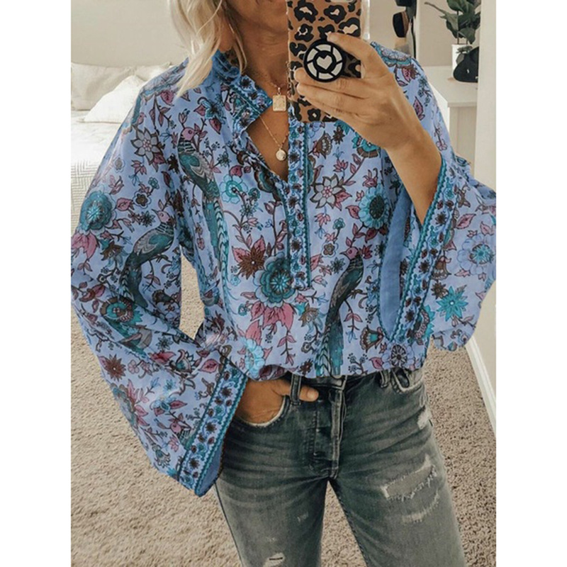Vintage V Neck Long Flare Sleeve Floral Print Casual Loose Blouse