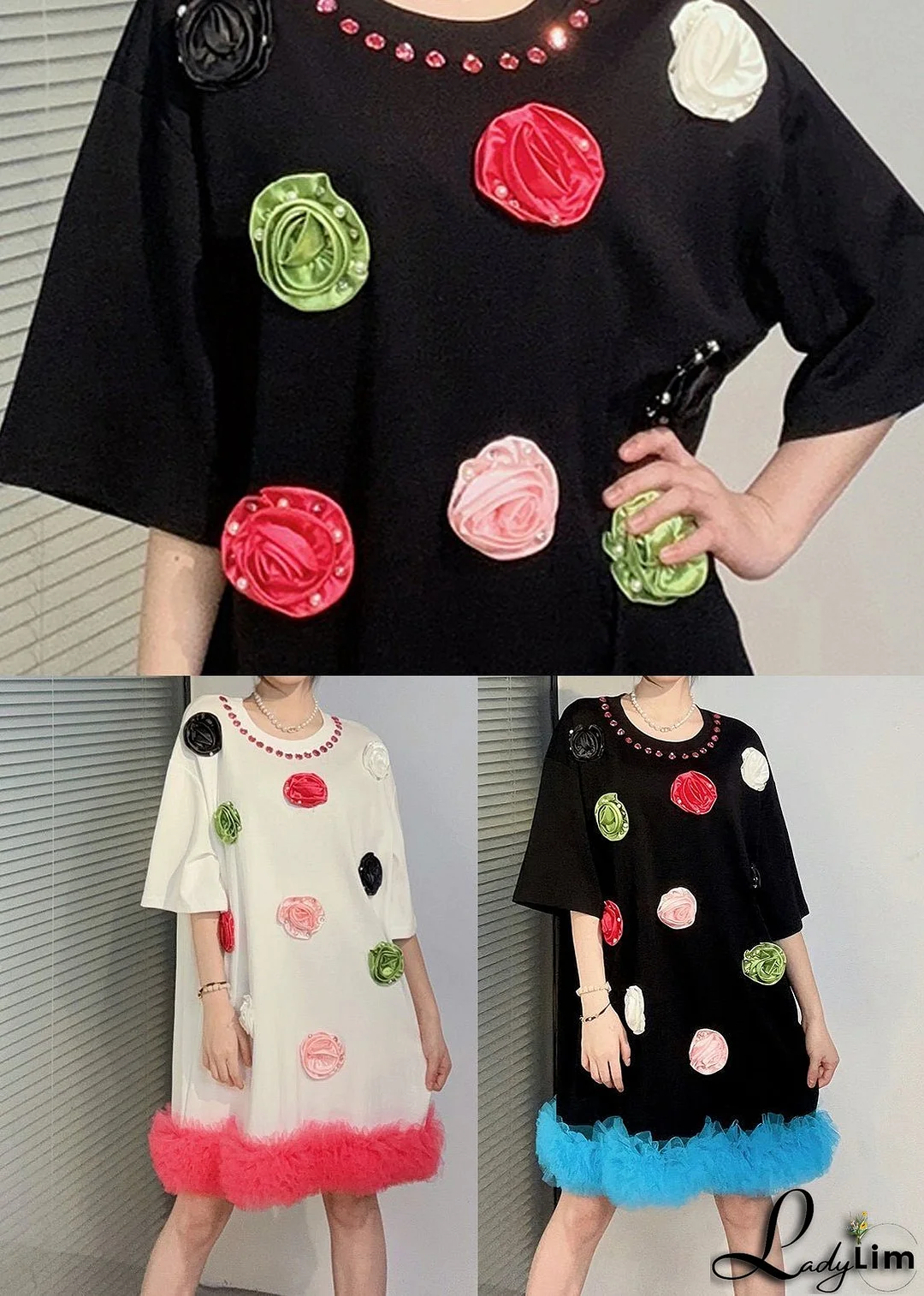 Black Patchwork Cotton T Shirts Dress Ruffled Floral Summer