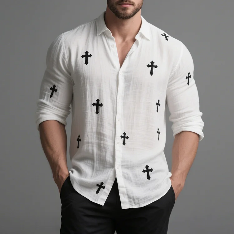 Okaywear Flax Cross Embroidery Button Long Sleeve Shirt Okaywear