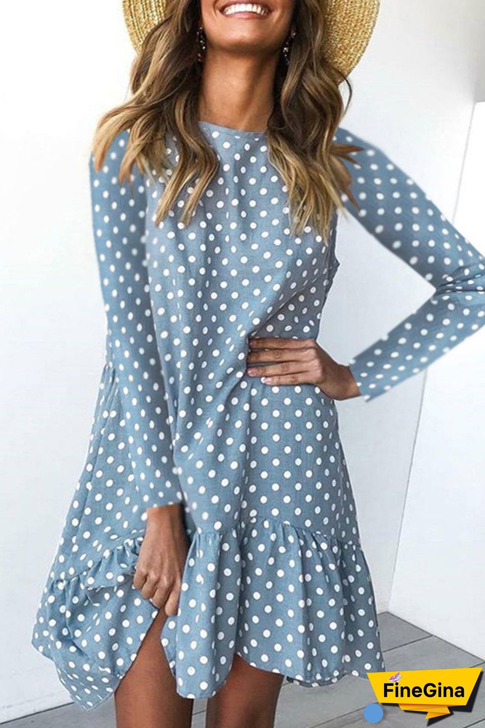 Fashion Sweet Polka Dot Split Joint O Neck Irregular Dresses