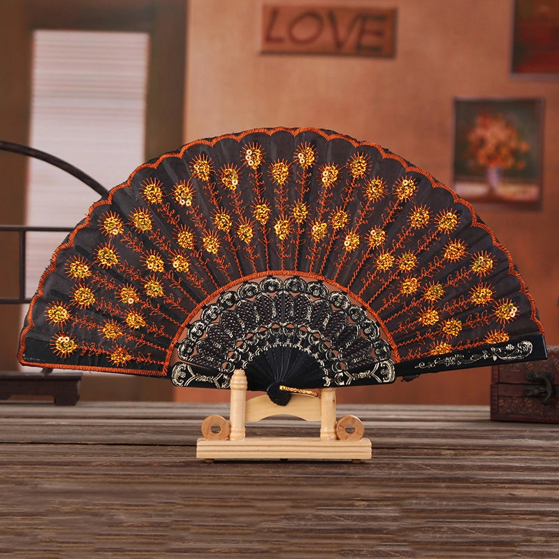 Black Rod Sequin Fan Embroidery Fan Dancing Folding Fan Peacock Fan Gift Folding Fan Fan Wing Chun Fan