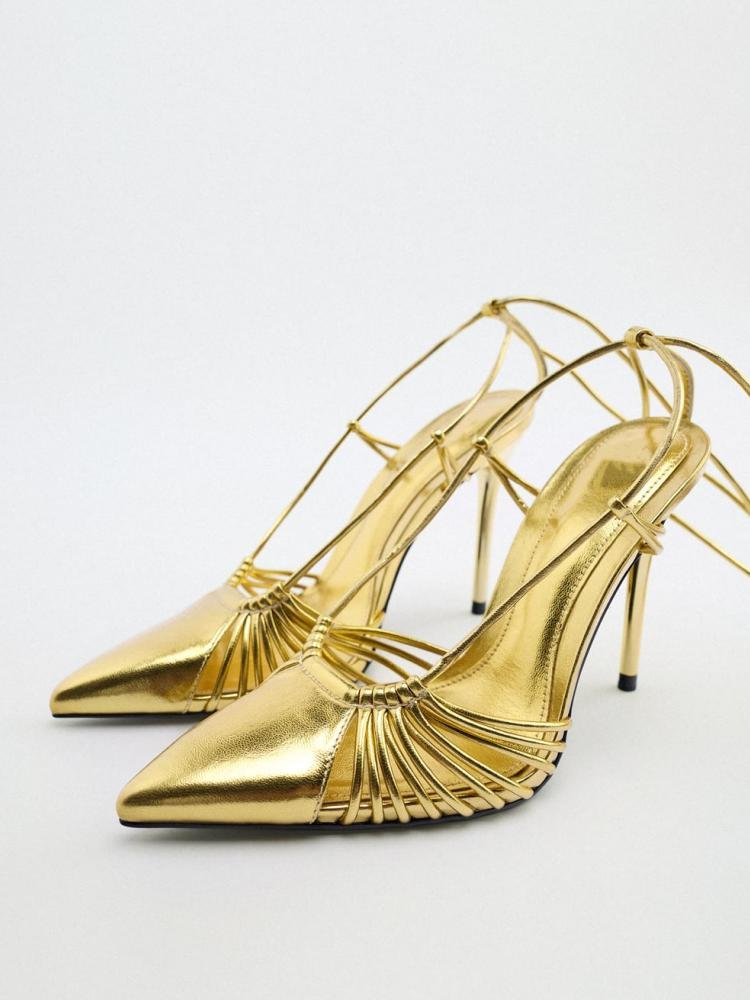 Fashion Gold Metallic Bright Hollow-Out Self-Tie Stiletto-Heeled Pointed-Toe Pumps