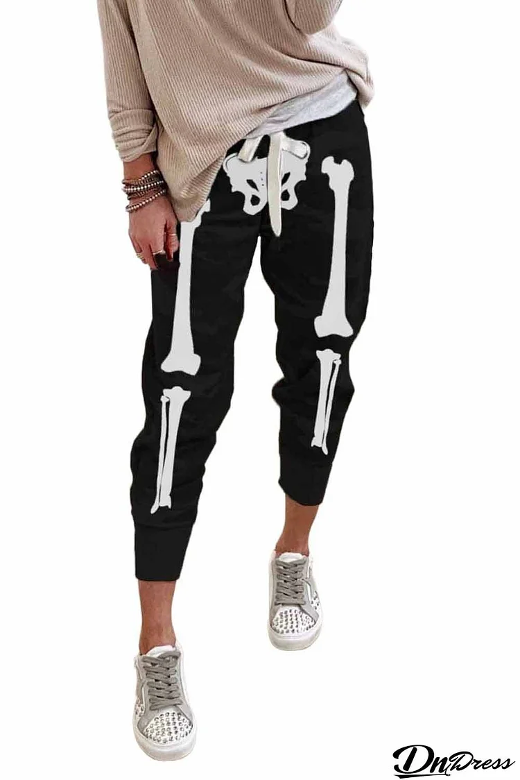 Halloween Skull Print Drawstring Elastic Waist Joggers