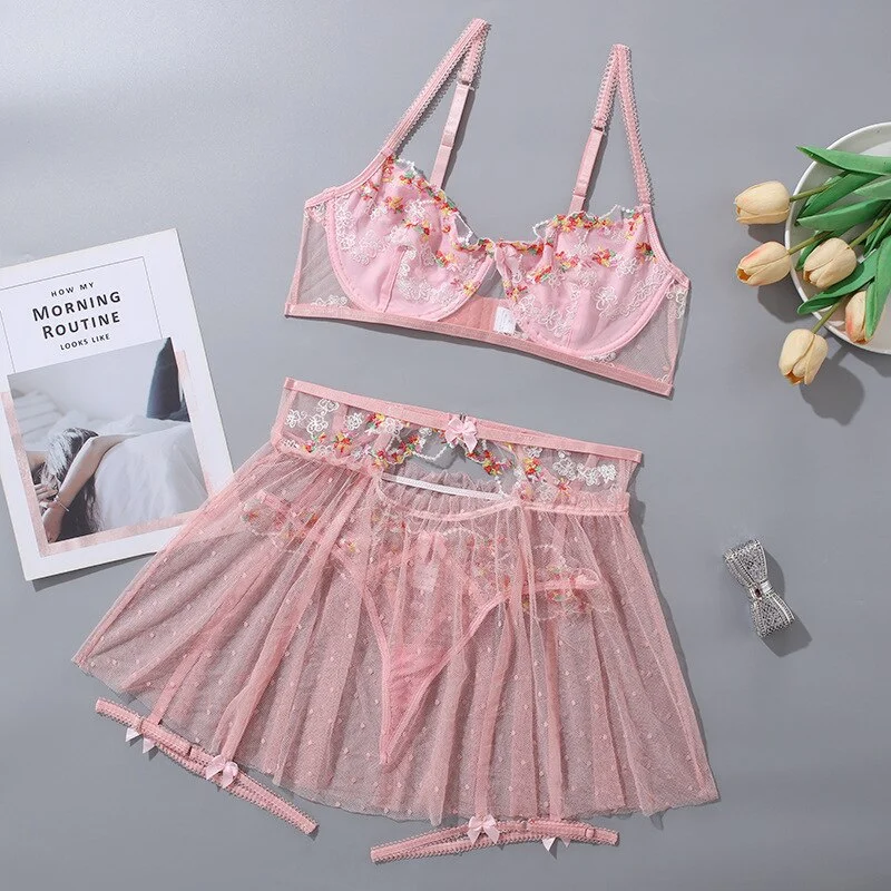 Billionm Fairy Lingerie With Transparent Skirt 3-Pieces Sexy Thong Panties Fancy Underwear Lace Light Pink Delicate Outfits