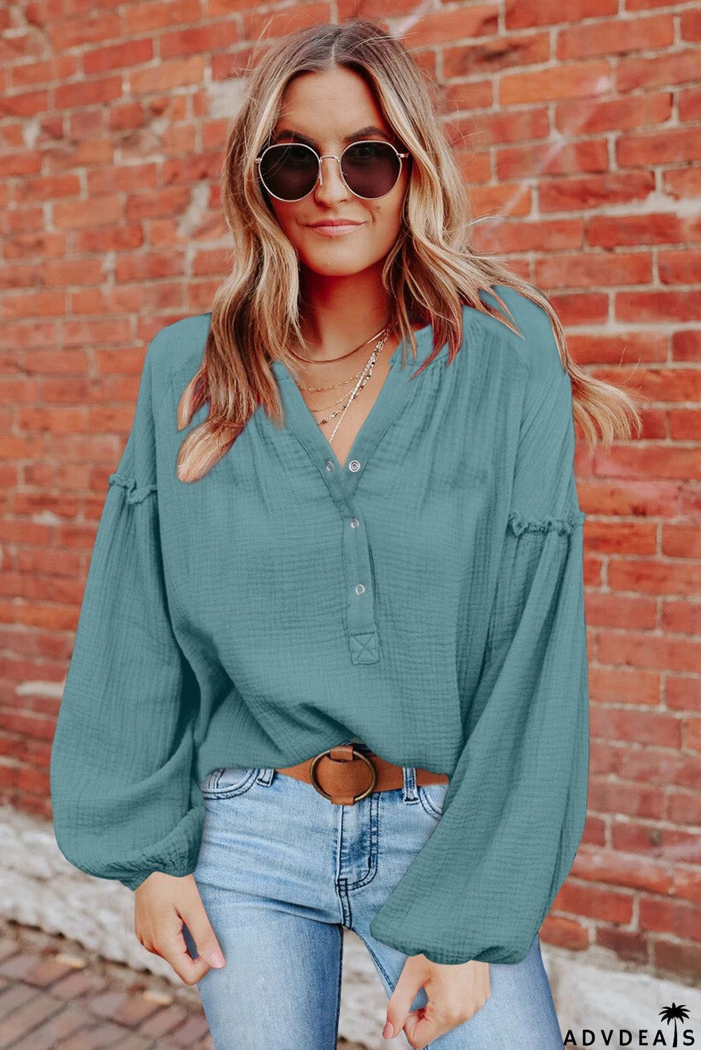 Casual Balloon Sleeve Crinkled Top