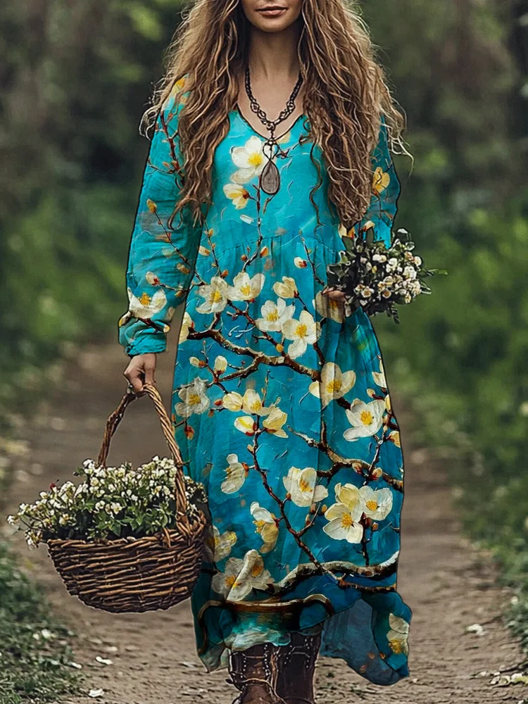 Flower Pattern Oil Painting Style Women's Maxi Dress