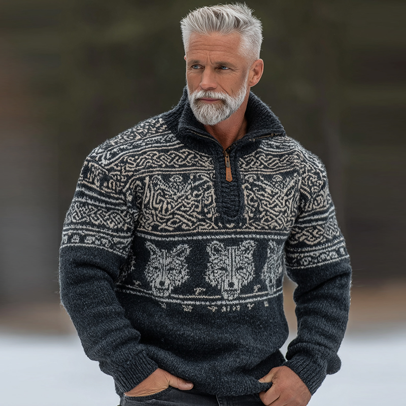 Men's Vintage Viking Wolf Pattern Knit Half Zipped Sweater elevenforest