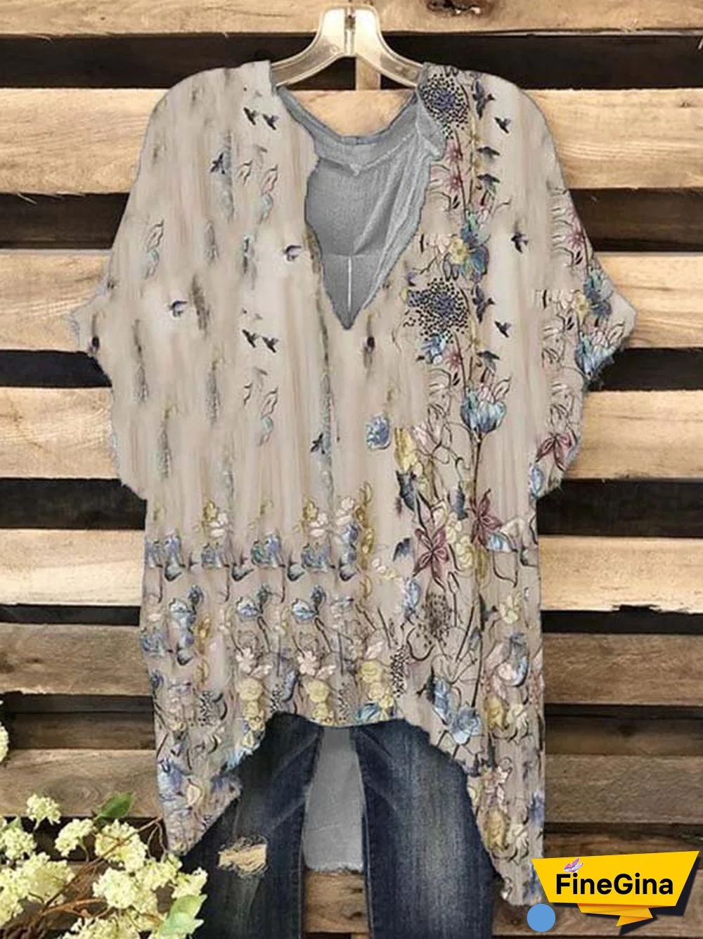 V Neck Floral-Print Casual Cotton-Blend Tops