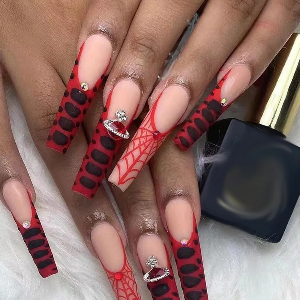 24pcs Press On Tips Nails Spider Web Long Coffin False Nails Red Rhinestone Full Cover Fake Nails Planet Nail Tips with Glue