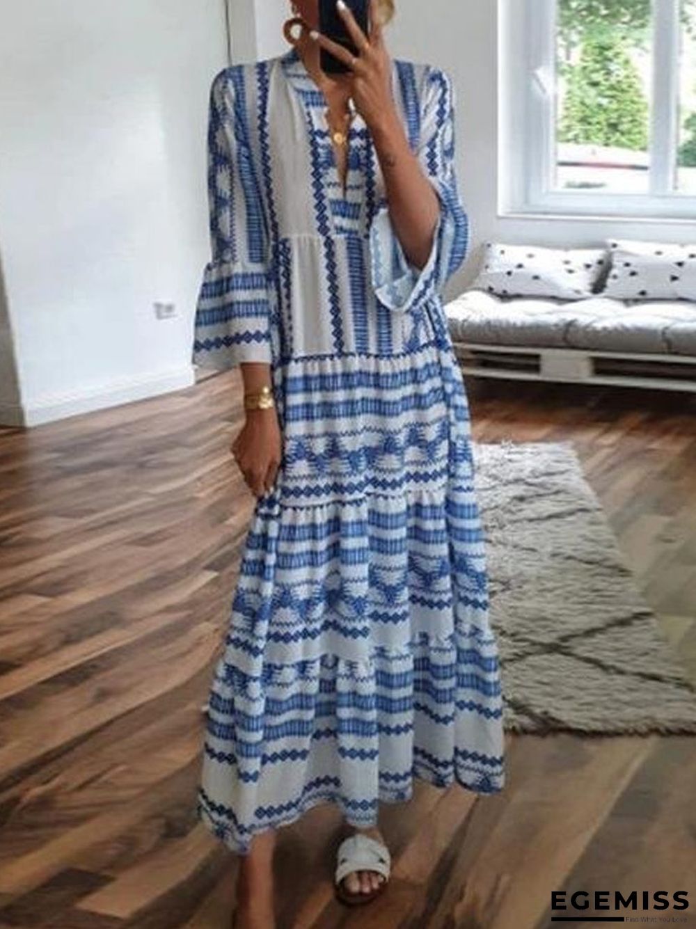 Blue Boho Printed V-Neck 3/4 Sleeve Loose Maxi Dress | EGEMISS