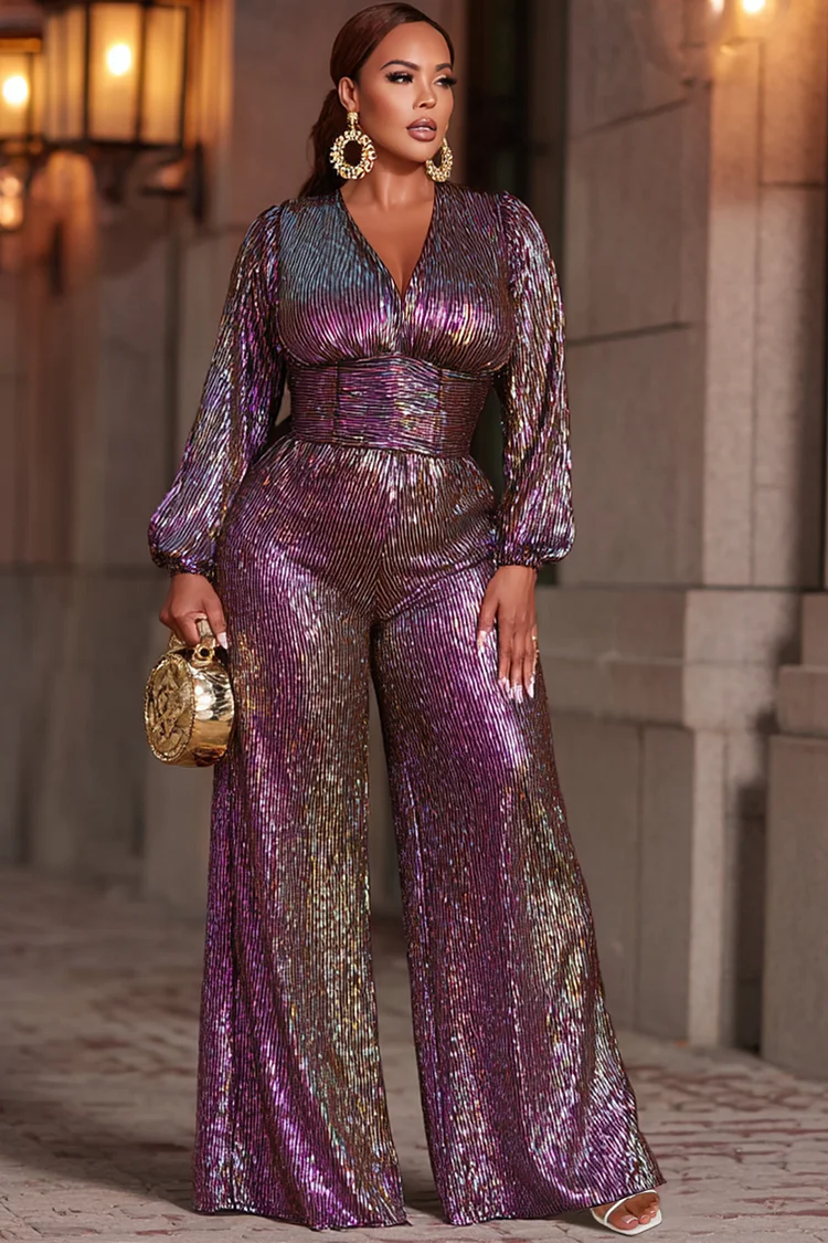 Xpluswear Design Plus Size Mardi Gras Purple V Neck Long Sleeve Wide Leg Elegant Pocket Metallic Knit Jumpsuits