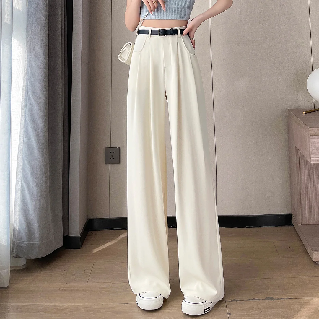 Woherb Rice White Wide Leg Pants Female Spring And Summer New Versatile Design Vertical Sense Suit Pants Loose Show Thin Straight Leg Casual Pants-Outfit Ideas