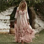 Women's Floral Roses Art Print Flowy Linen Blend Casual Long Sleeve Maxi Dress - Image 2