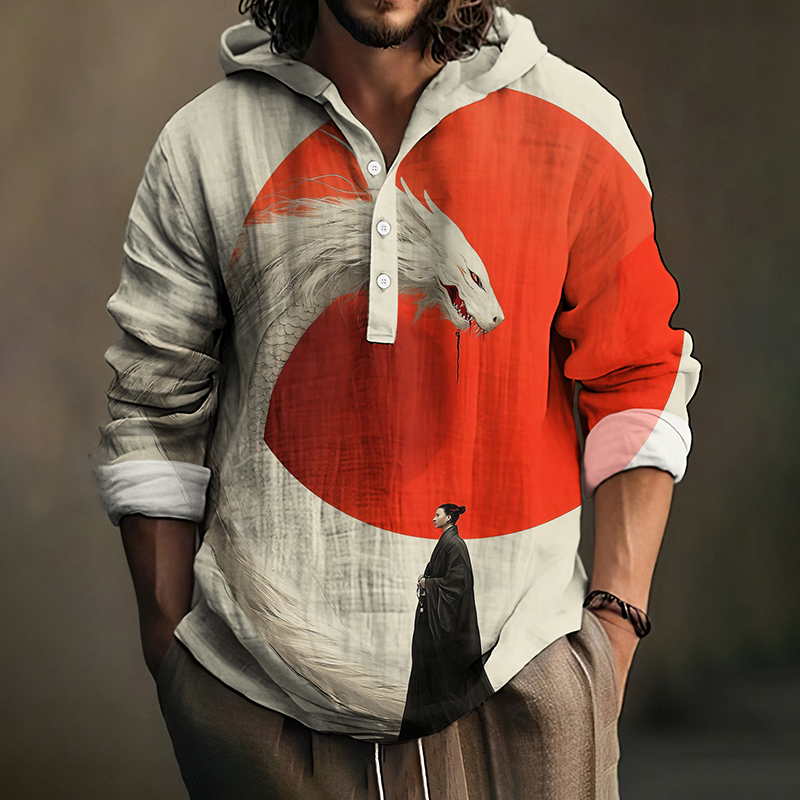 Men's Japanese Art Fox Printed Linen Blend Cozy Shirt Hoodie
