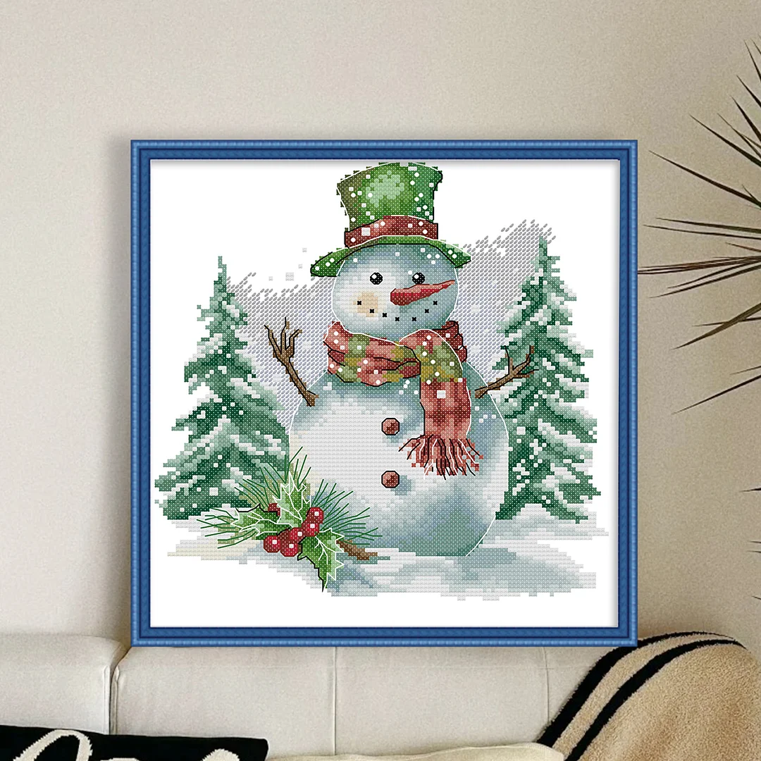 Green Snowman Partial 14CT DIY Stamped Cross Stitch Kits for Adults 27x28cm