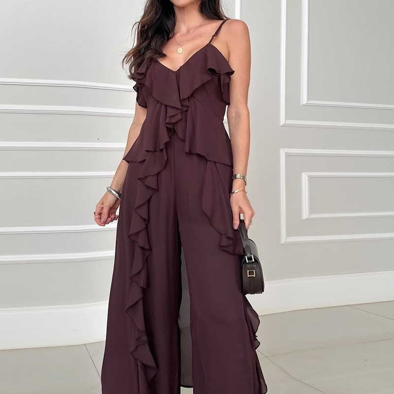V Neck Long Top Straight Pants 2PCS Sets, Women Summer Fashion Sleeveless Chic Outfit, 2025 Solid Patchwork Simple Suits