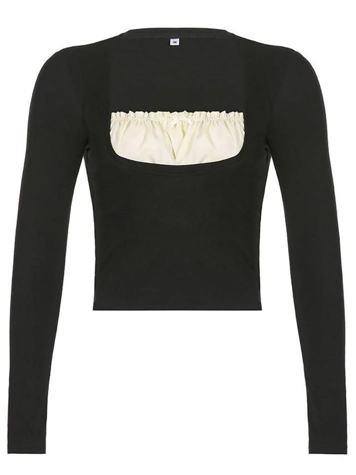 Brownm Square collar Lace Crop Top