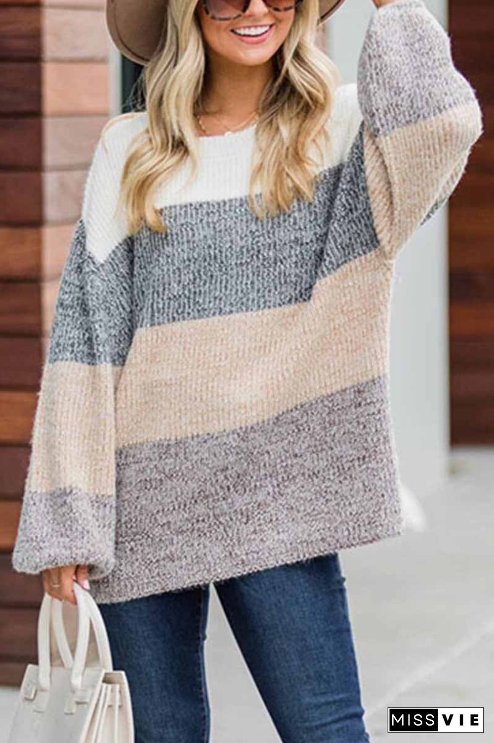 Contrast Striped Loose Round Neck Sweater