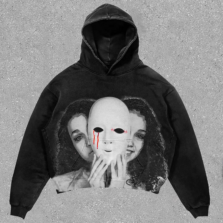 Relaxed Vintage Graphic Mask Casual Street Washed Hoodie SOPULA